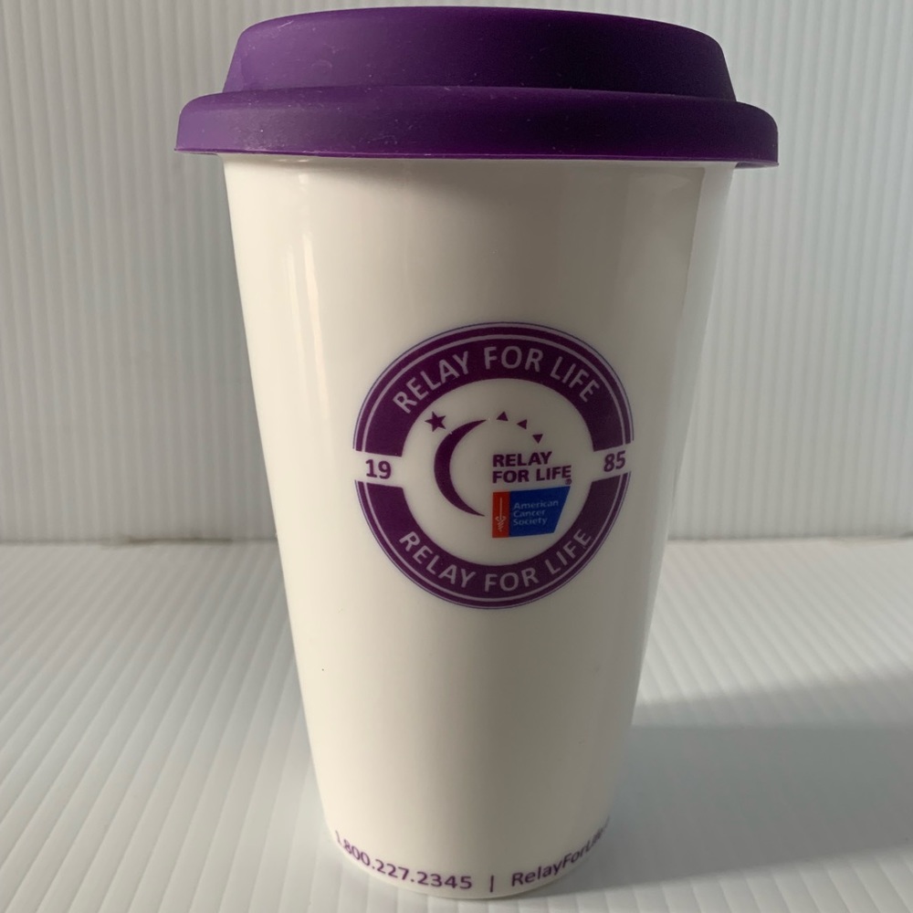 Relay For Life porcelain travel coffee cup. Used good condition.